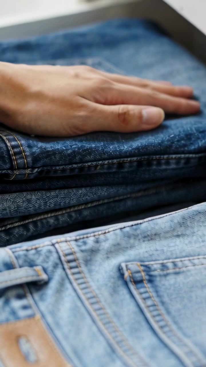 Vertical video: Smoothing right hand choosing jeans on shelf near window, checking pockets