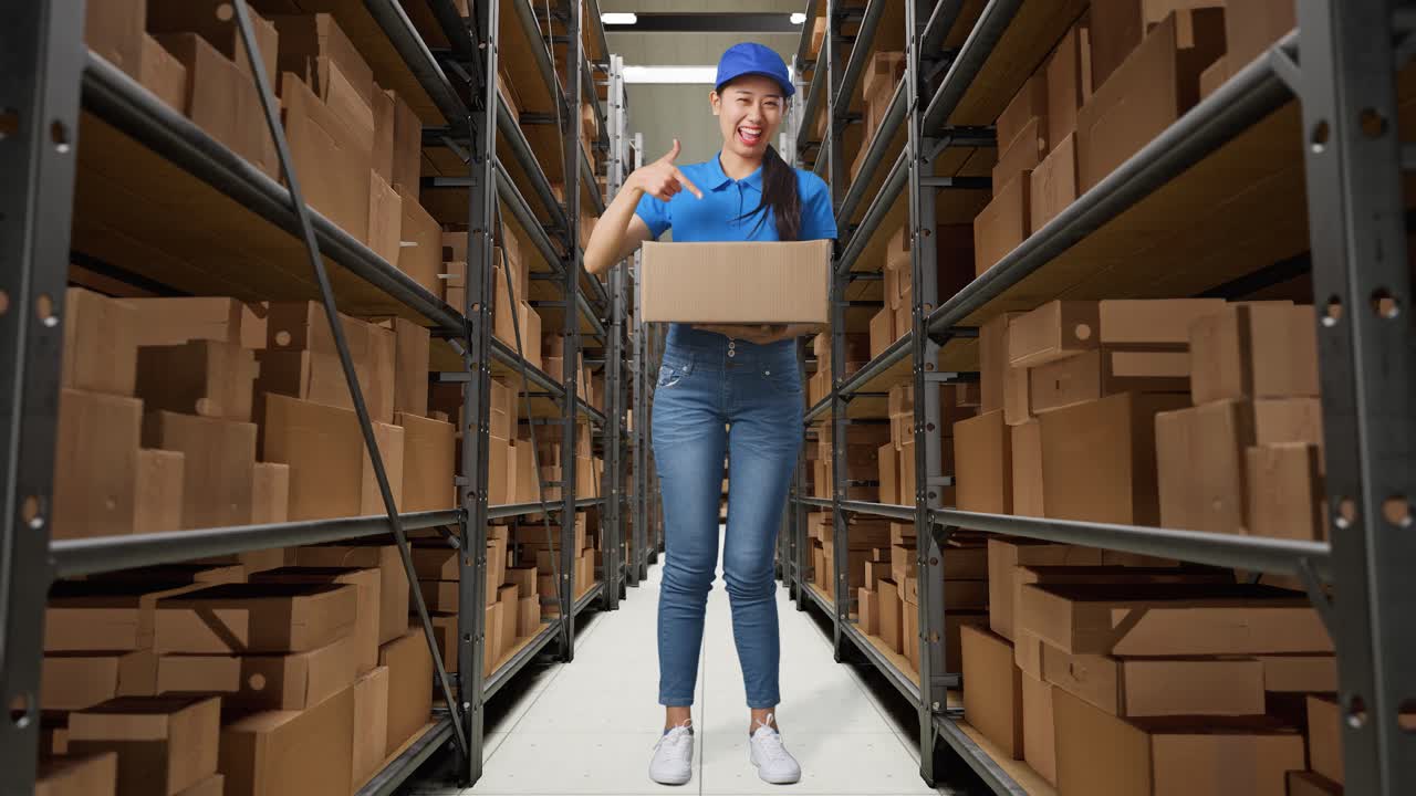 cuerpo lleno de mensajero femenino asiático en uniforme azul sonriendo y señalando a un cartón en la mano mientras lo entrega en el almacén