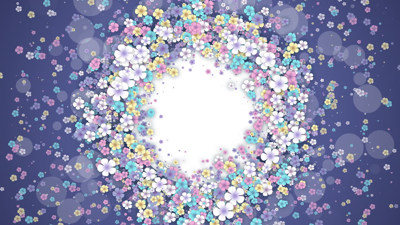 Floral round frame on blue spring background. Small flying flowers with abstract particles. Looped holiday animation. Empty space for text.
