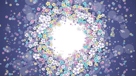 floral round frame on blue spring background. small flying flowers with abstract particles. looped holiday animation. empty space for text.