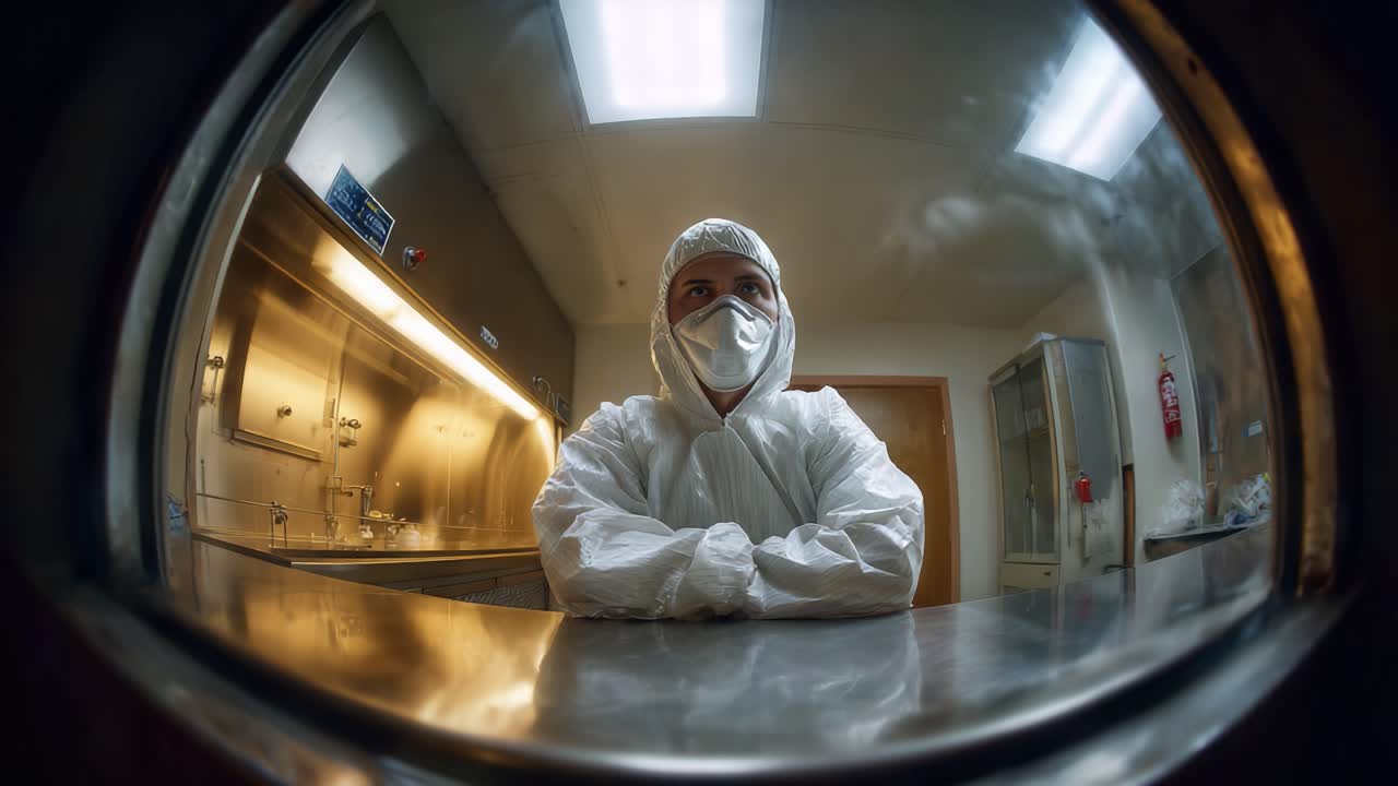 Una persona con indumenti protettivi, seduta a una postazione di lavoro sterile, incarna la sicurezza e la professionalità in un ambiente di laboratorio. Comportamento prudente in un ambiente high-tech
