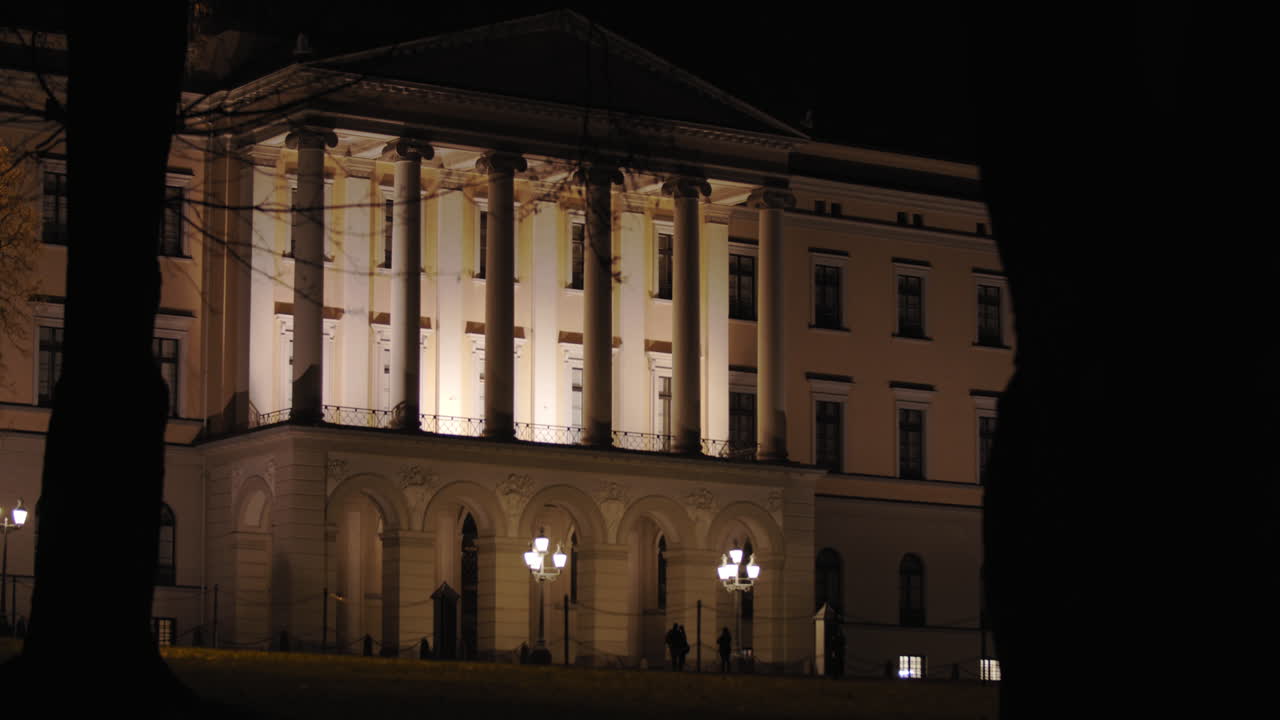 Cinematic slow motion wide shot of dark trees moving in parallax motion in front of visitors looking at the illuminated Norwegian Royal Palace, at night in Karl Johan street, in Oslo Norway