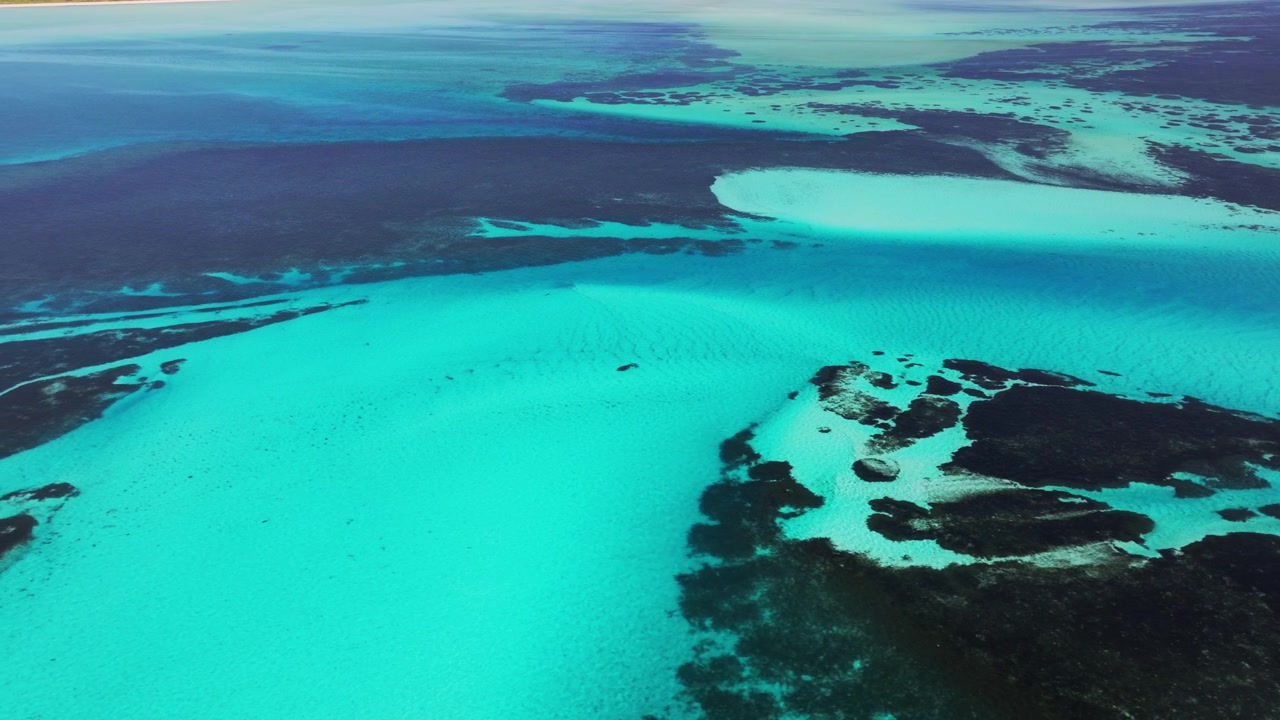 Tomada aérea 4K de drone dos deslumbrantes sistemas de recifes rasos e prados de ervas marinhas expostos durante a maré baixa no remoto Atol de Cosmoledo, Seicheles.