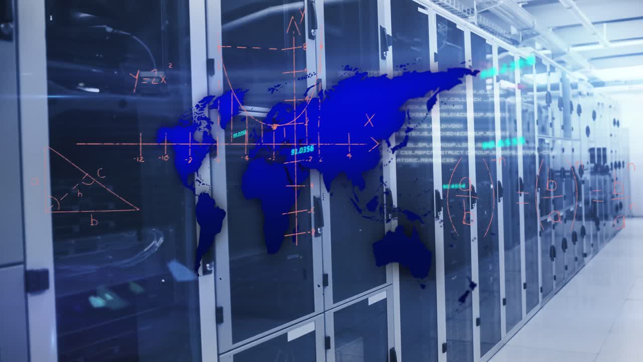 Animation of blue world map, processing data and maths calculations over computer server room