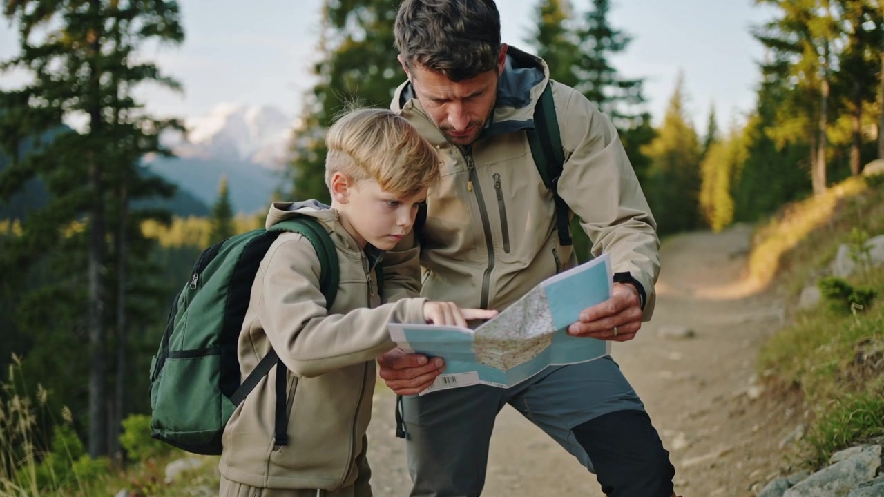 Pausing on forest trail, father and son wearing jackets consulting map, pointing and plotting route