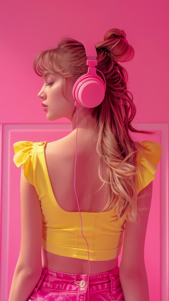 오디오 스피커와 헤드폰으로 만들어진 여성