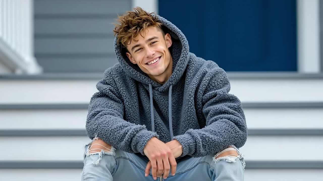 A young man in a gray hoodie sitting on the steps of a house