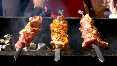 shish kebab cooked on the grill in nature. street food. meat grilled on skewers