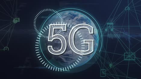 5g-Text--Und-Rundscanner-über-Dem-Globus-Eines-Netzwerks-Digitaler-Symbole,-Die-Sich-Gegen-Den-Globus-Drehen