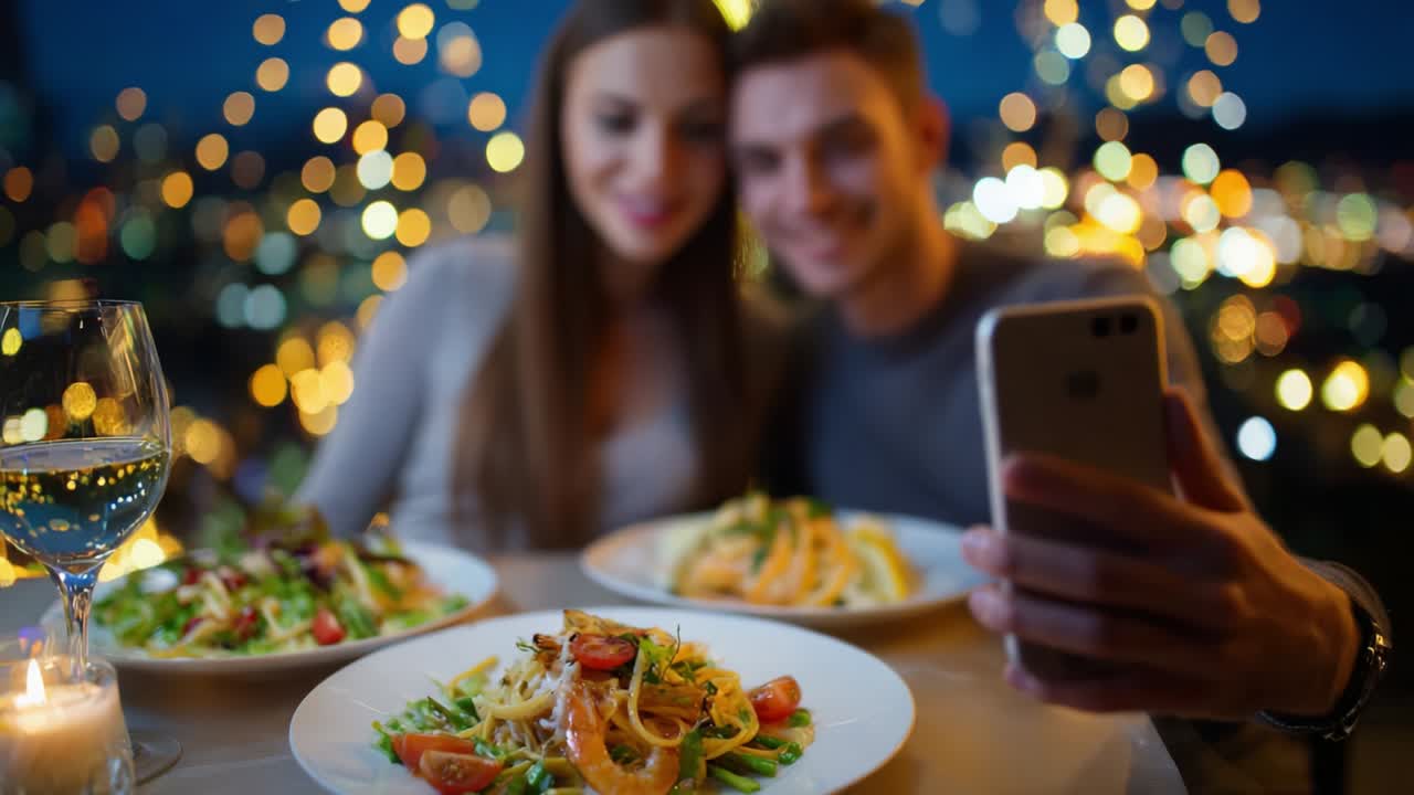 A Romantic Dinner Experience with Delicious Pasta Dishes and a Beautiful City View at Night, Showcasing Tasteful Dining and Connection between Two People Enjoying Their Meal Together