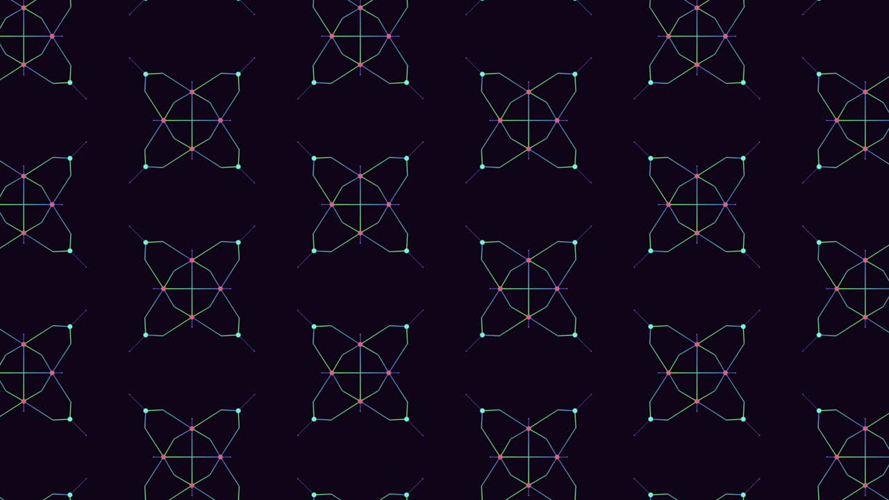 A colorful geometric pattern on a black background formed by intersecting lines creating a mesmerizing design