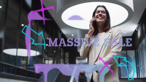 marketing professional using smartphone in modern atrium, showing massive sale digital overlays