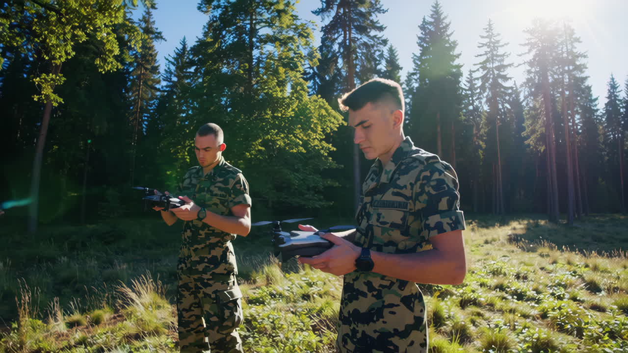 Military Personnel Operating Drones in Forest