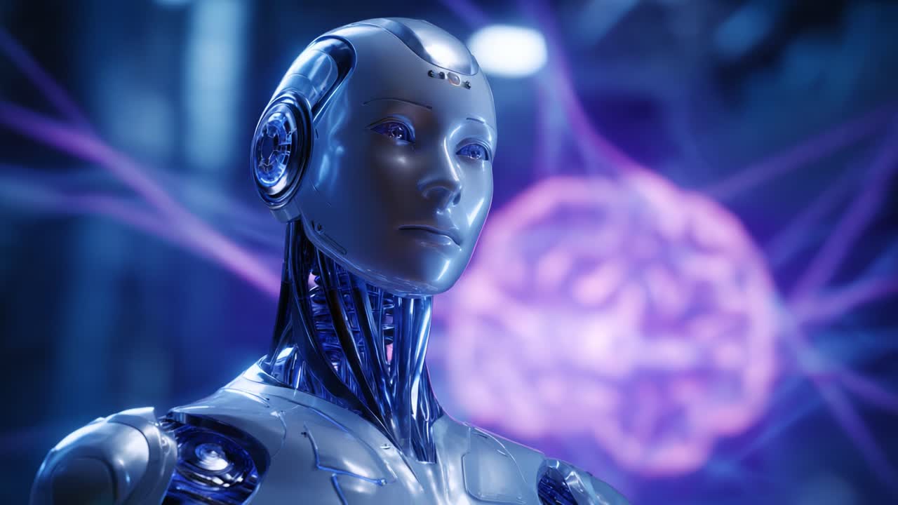 Figura robotica futuristica impegnata nell'elaborazione cognitiva con uno sfondo di rete neurale luminosa, che rappresenta l'IA avanzata e l'innovazione tecnologica