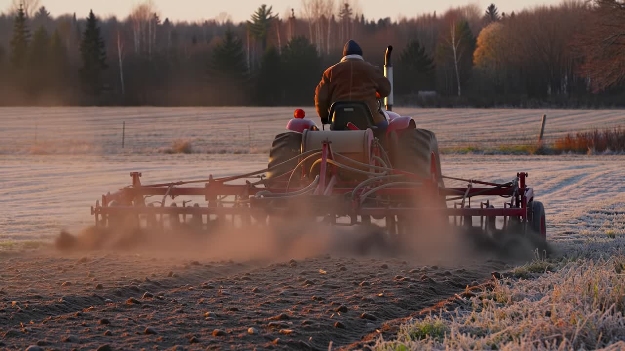 A Peaceful Morning Scene of a Farmer Using a Tractor to Prepare Frosty Soil in a Rural Landscape