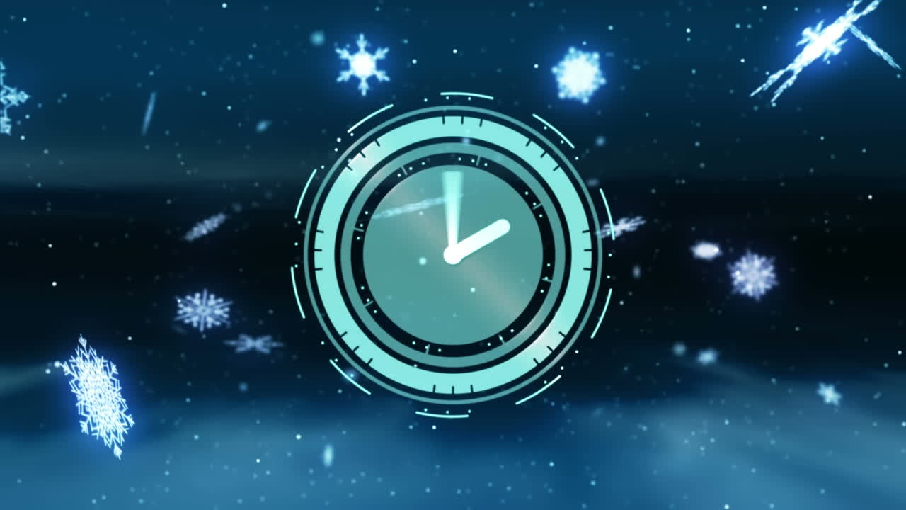검은 바탕에 내리는 눈 위에 움직이는 손을 가진 시계의 애니메이션