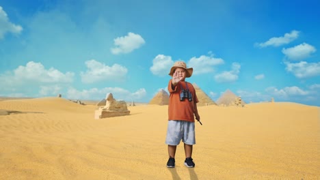 asian boy with a hat and binoculars using the magnifying glass, shaking head waving hand showing no gesture while traveling in giza pyramid. boy researcher, travel tourism adventure, full body