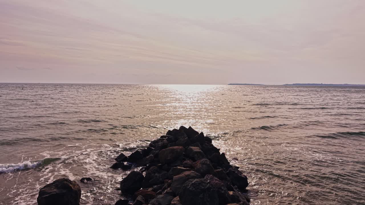 Stunning aerial view of rocky shore along the coast of Bulgaria at sunset