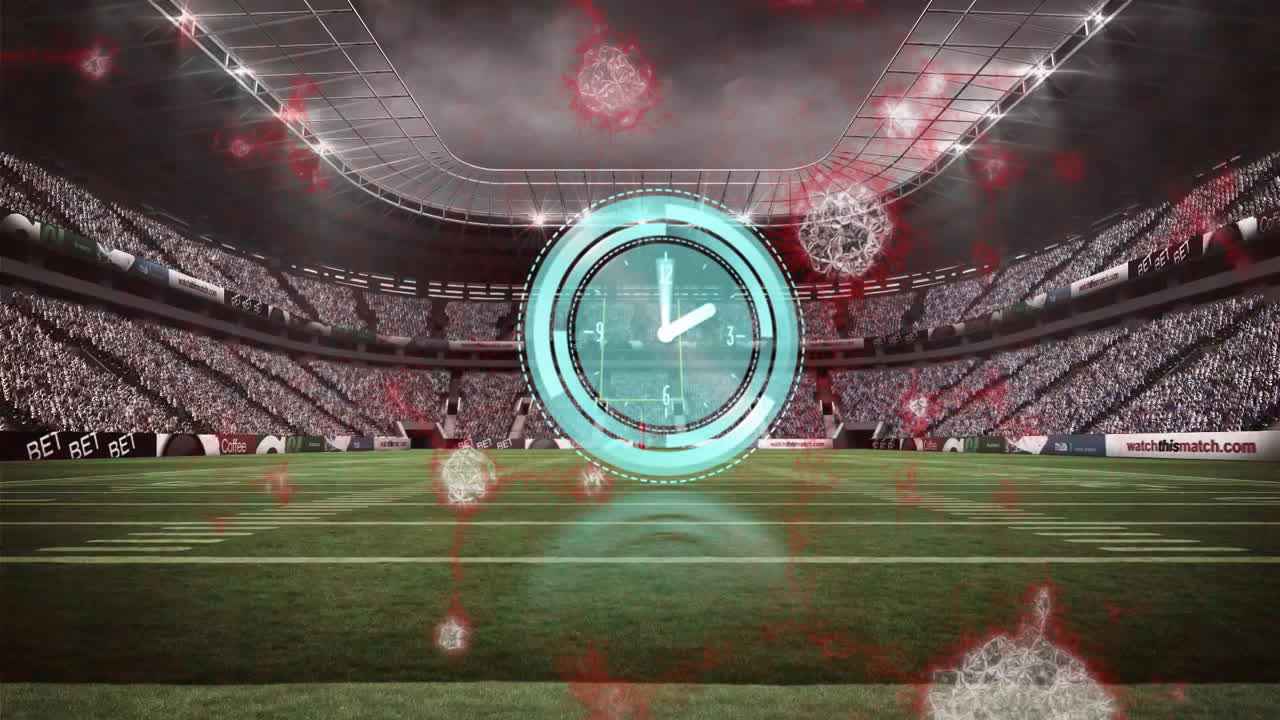 Digital clock animation over football stadium with virus particles floating around