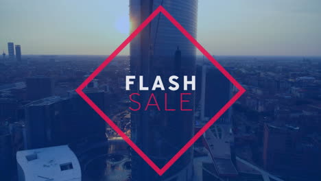 animación del texto de venta flash en marco rojo sobre el paisaje urbano