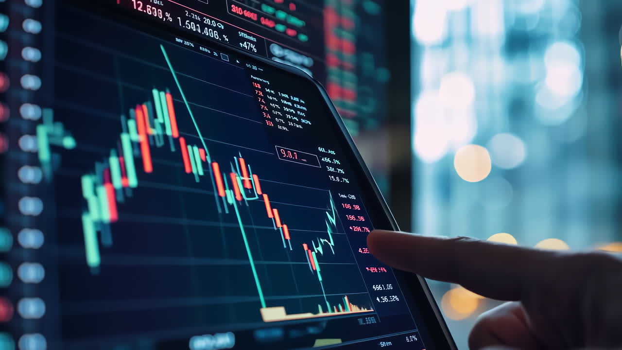 Trader Investors check financial news and stock market index updates on their tablets. Businessman finger working with Stock Market Data Graph on a smartphone. Stay informed about market trends.