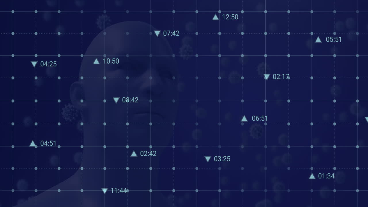 Animation of digital icons over dna structure and covid-19 cells floating against human head model