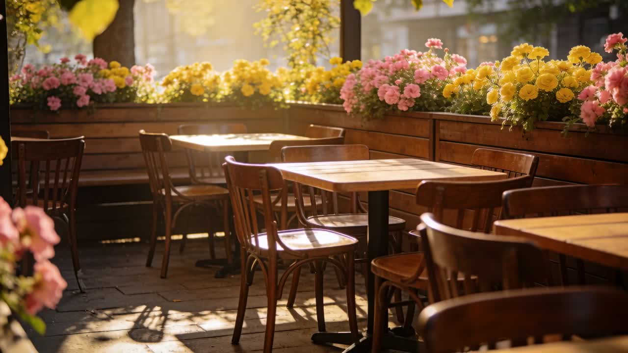 La telecamera si sposta a destra, la luce del sole attraversa tavoli in legno e fioriere, mostrando i dettagli del patio di un caffè.