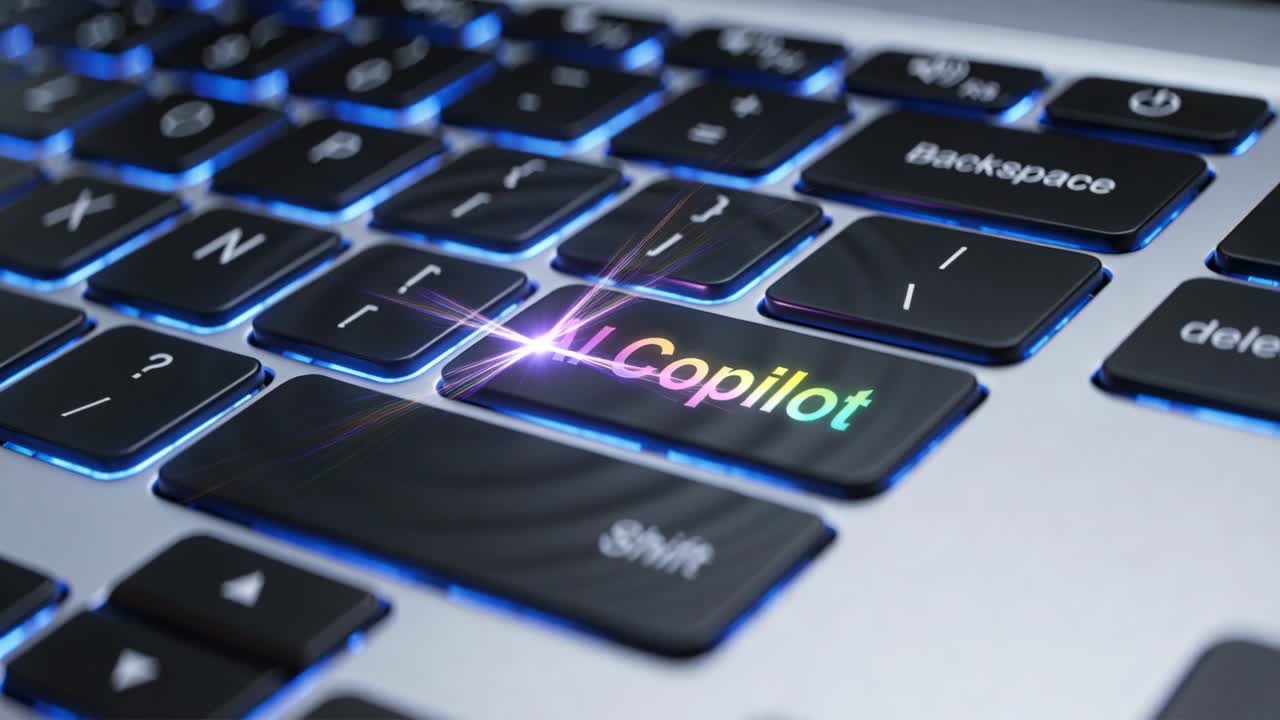 Pressing adult fingertip activating AI Copilot key at workstation, producing rainbow starburst glow