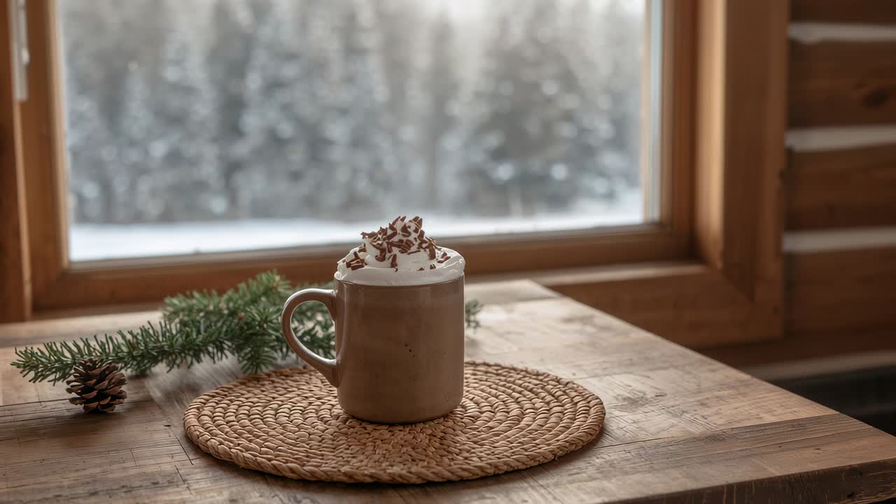 Camera zooming, highlighting beige mug with whipped cream and chocolate shavings at cabin window