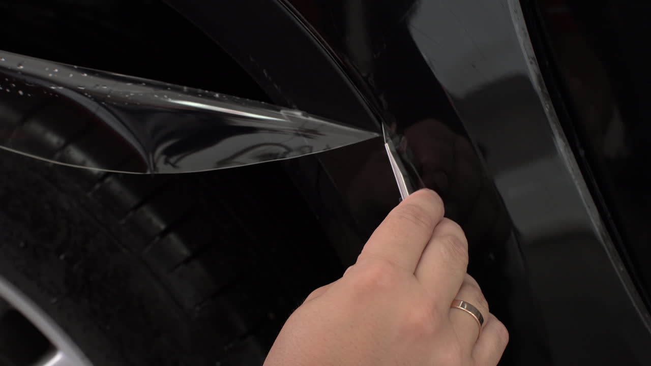 Close-up of making the perfect cut around the wheel well of a new car while applying paint protection film.