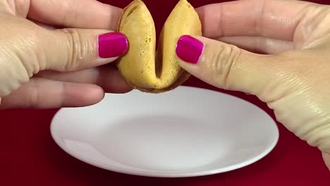 mano sosteniendo una galleta china de la fortuna aislada en un fondo rojo