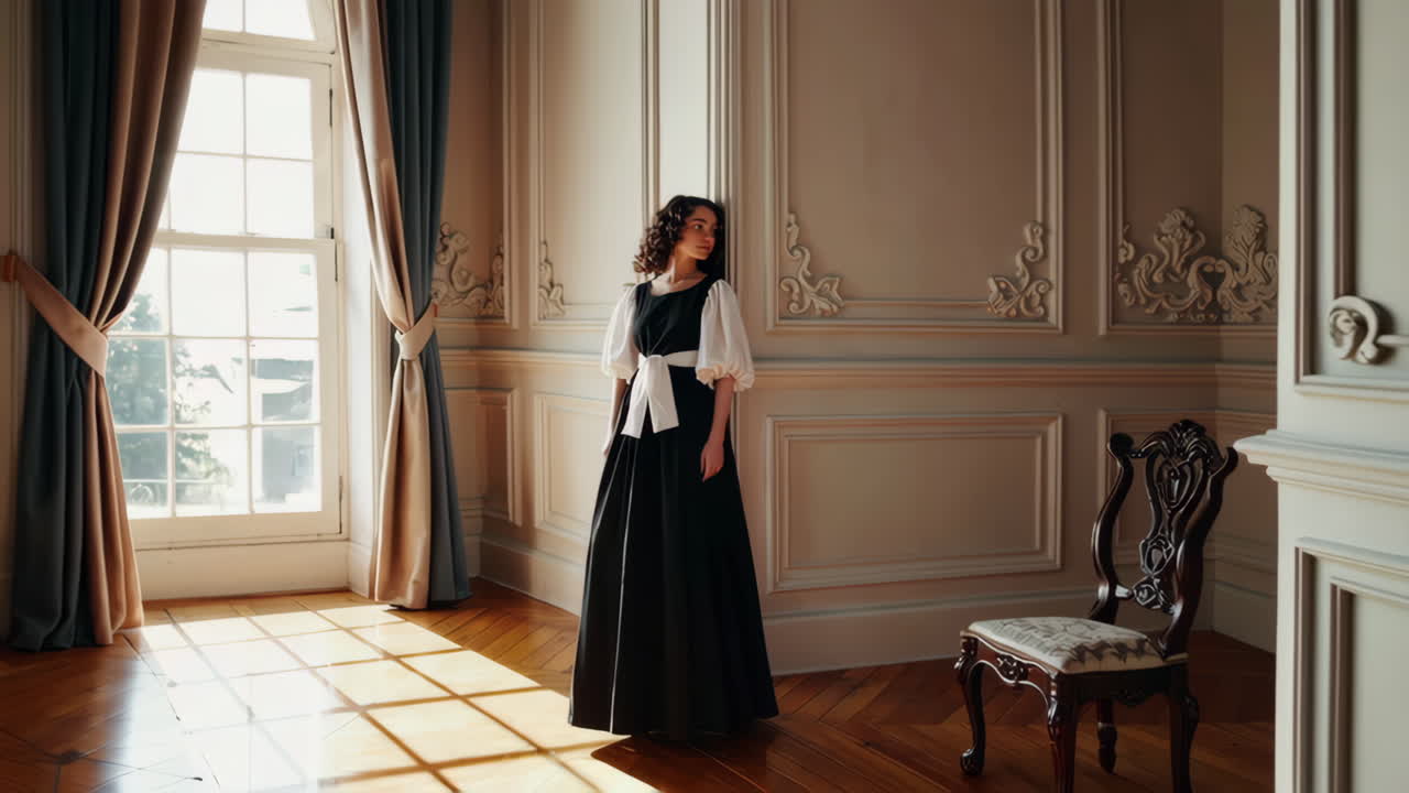 Elegant Woman in Vintage Dress in a Historical Room