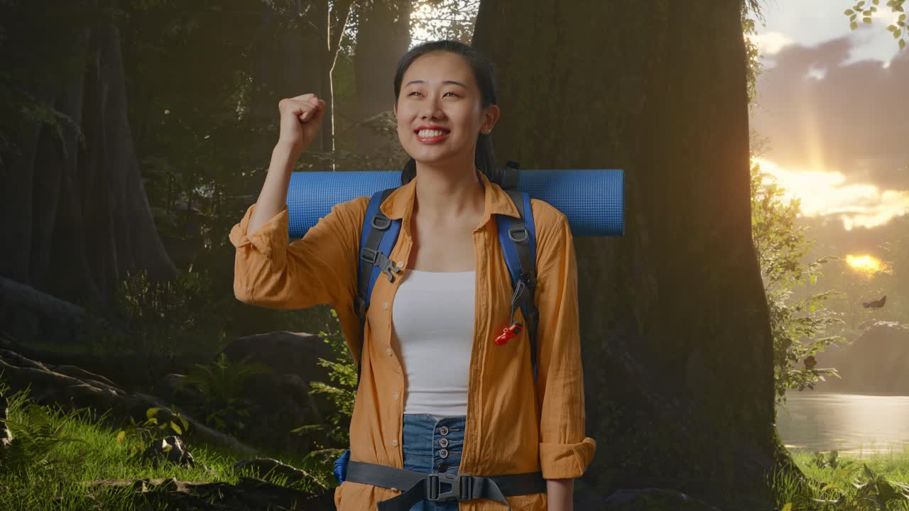 산악 배을 들고 있는 아시아 여성 하이커가 숲의 자연을 탐험하는 동안 성공을 축하하는 목표를 외치고 있습니다.
