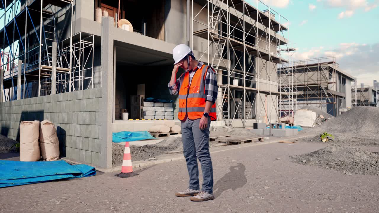 Full Body Side View Of Asian Male Engineer With Safety Helmet Having A Headache While Working At Building & Construction Site in Progress to New House