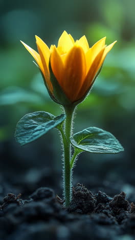 morning light on flower bud. a flower bud emerges from dark soil in the early morning, illuminated by soft natural light, symbolizing new beginnings.