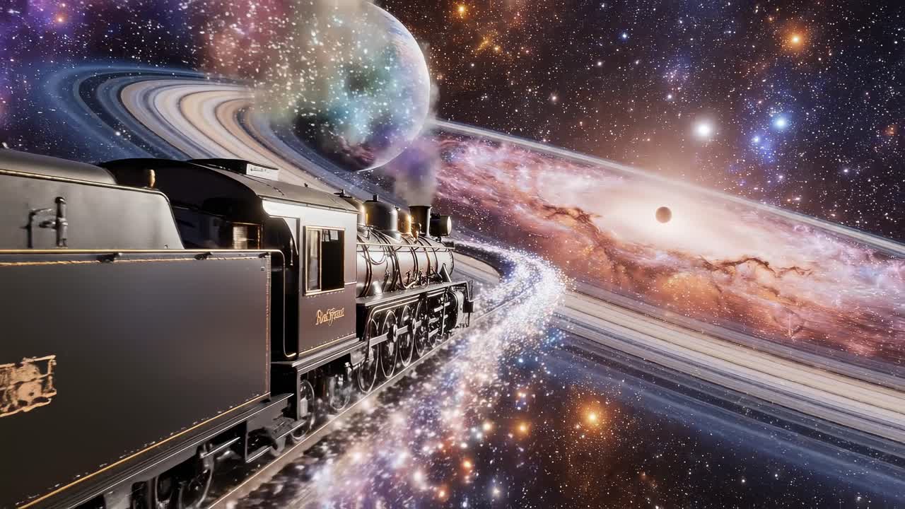 Surreal video of a vintage train traveling through space, side angle view, cosmic backdrop