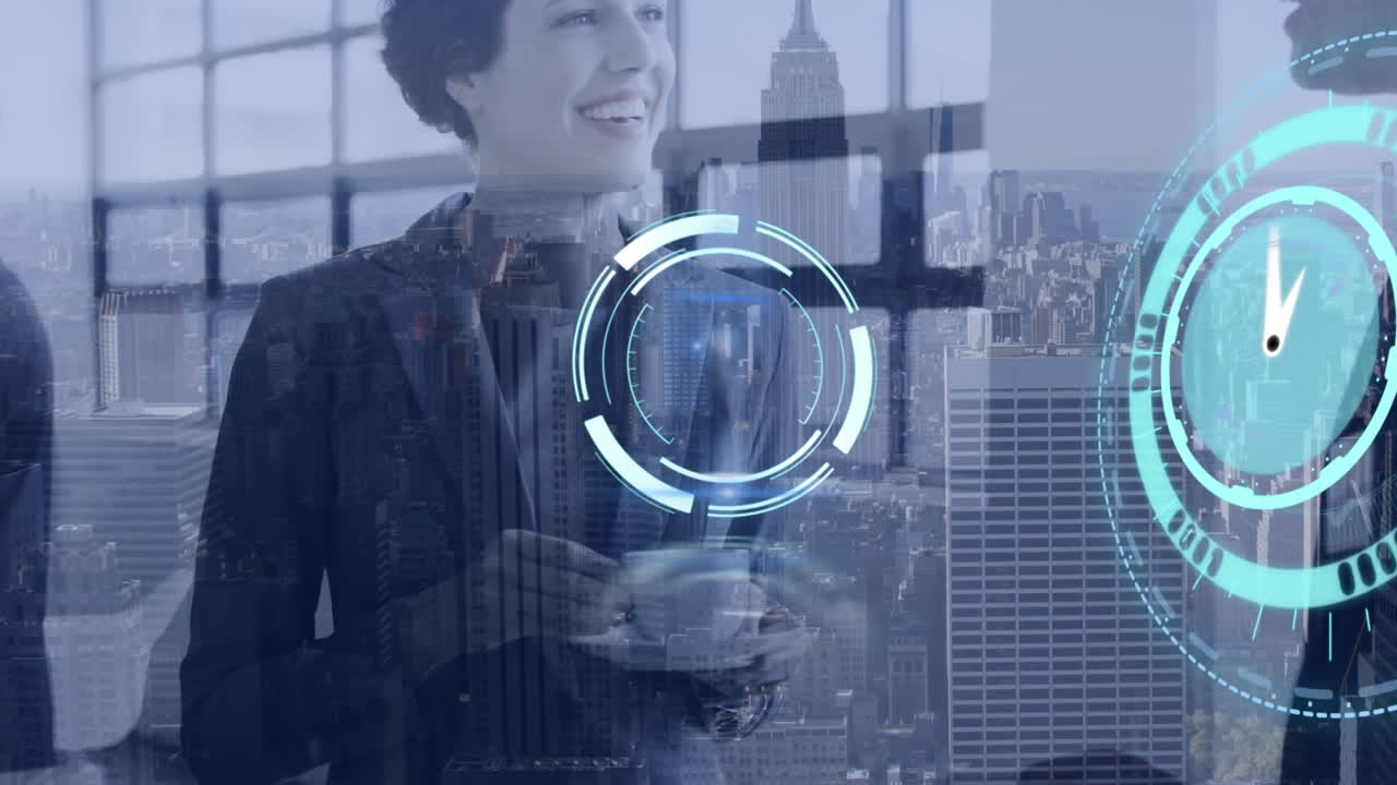 시계와 범위의 애니메이션, 비즈니스 사람들 위의 화면에서 데이터 처리