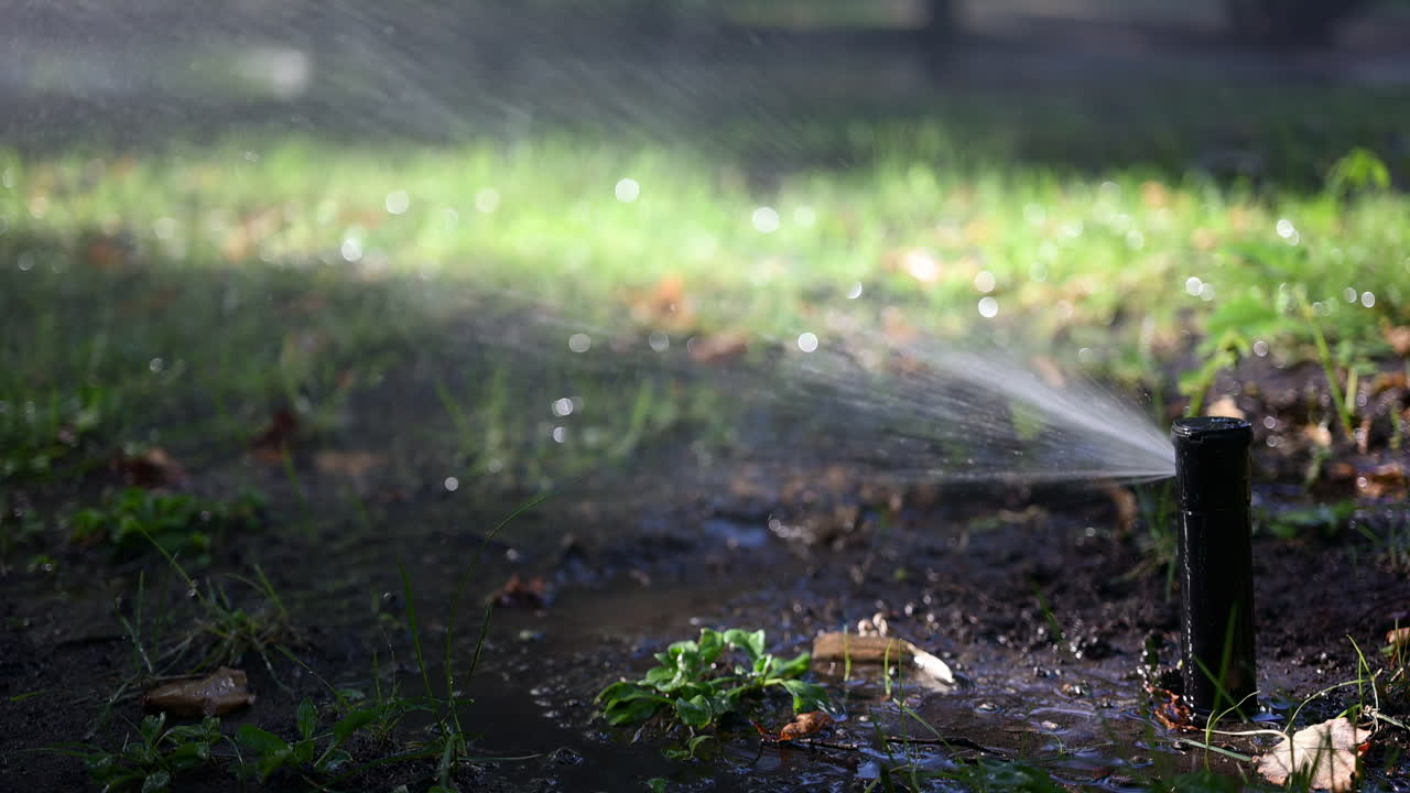 Irrigatore da giardino che spruzza acqua con raggi solari intensi, creando riflessi scintillanti
