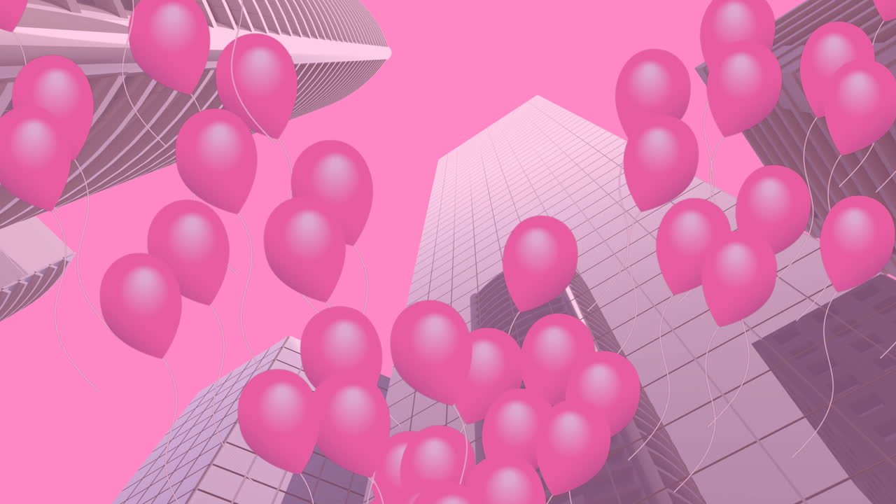 animación digital de varios edificios rosados flotando sobre un modelo tridimensional de edificios altos contra un fondo rosado