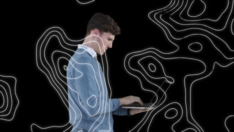 animación de formas que se mueven sobre un hombre de negocios caucásico usando una computadora portátil