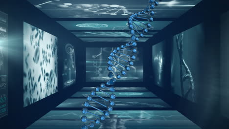 animating dna strand over scientific data and molecular structures in lab setting