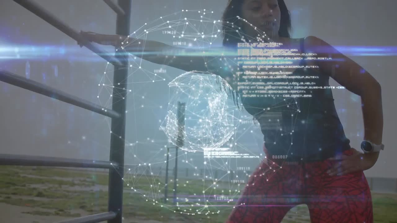 animación del procesamiento de datos con una atleta discapacitada con prótesis de pierna ejercitándose en el bac