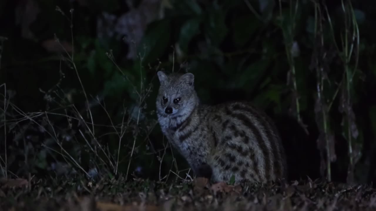 mirando hacia la cámara y luego gira la cabeza hacia la izquierda mientras la cámara se aleja, pequeña civeta india viverricula indica, tailandia