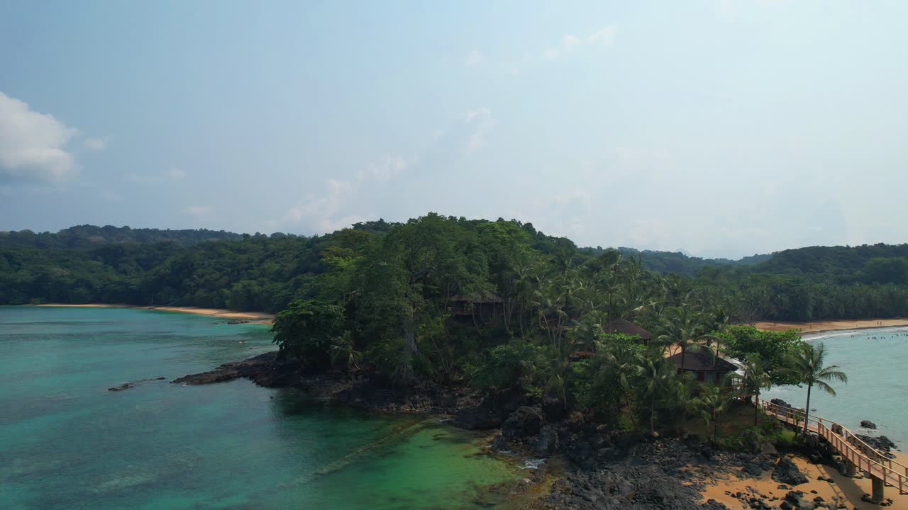 Circular aerial view of houses at bom bom resort at Ilha do Principe (Prince Island) São Tomé,Africa