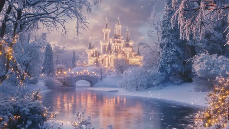 snow is gently falling on a fairytale castle illuminated for christmas, reflected on a frozen lake surrounded by snow covered trees and bushes decorated with christmas lights