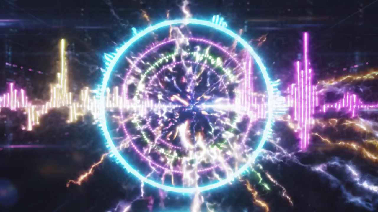 Visualizzazione audio dinamica: un viaggio mozzafiato attraverso cerchi astratti e onde sonore in un mondo digitale futuristico.