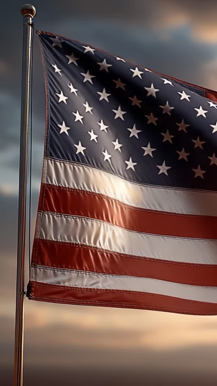 Una maestosa dimostrazione di orgoglio nazionale: la bandiera americana che sventola al vento contro un cielo drammatico, a simboleggiare libertà e unità