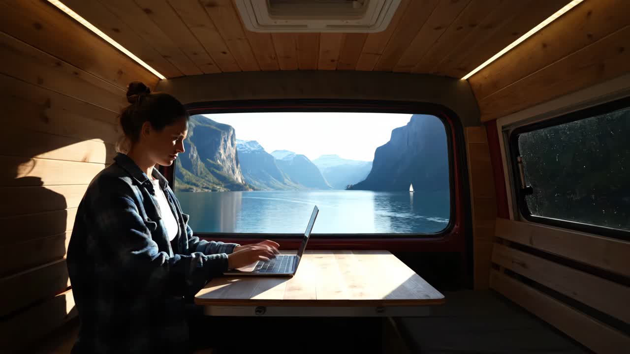 Woman working remotely in a van with a scenic fjord view
