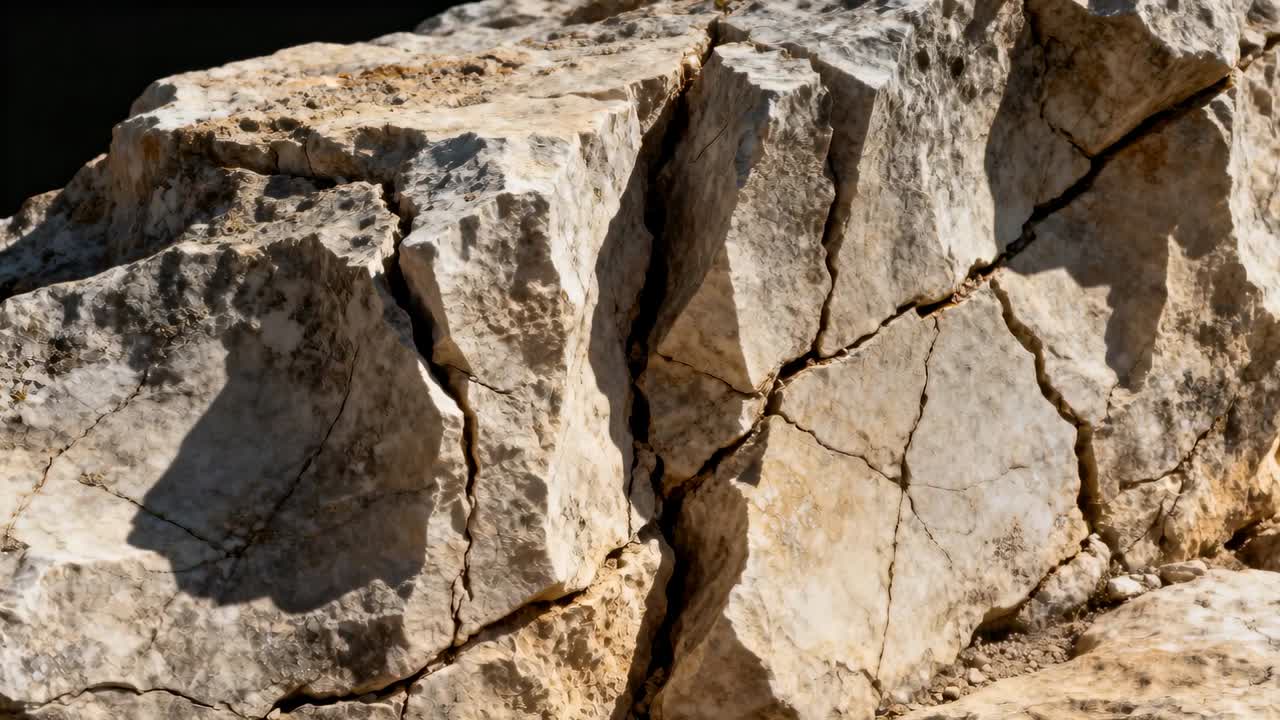 Skiftende sollys, kameraet bevæger sig og afslører en brudt klippeflade, sprækker og hårfine revner til undersøgelse.