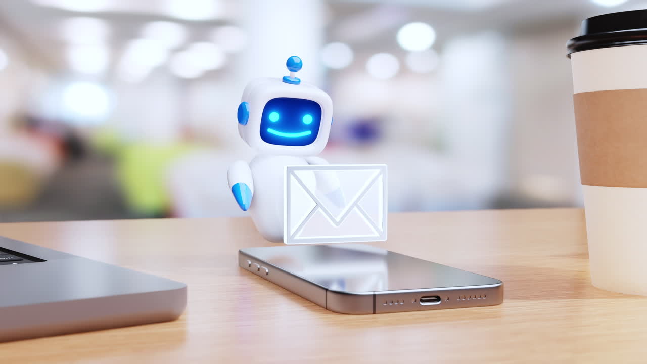 Sød AI-robotkarakter behandler og administrerer e-mails, omgivet af digitale ikoner på et skrivebord med moderne enheder. Konceptet automatiseret e-mailsortering og kommunikation.